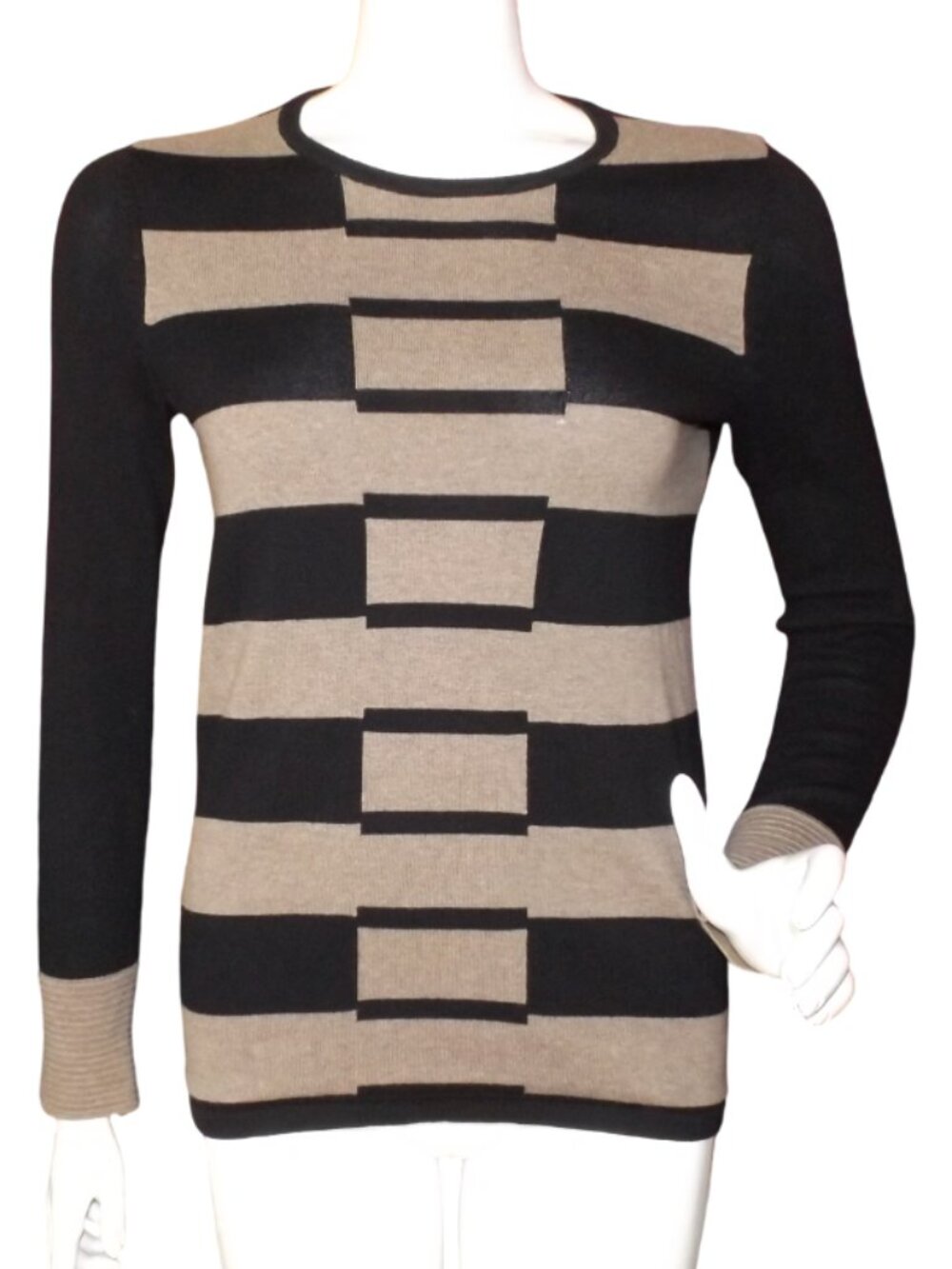 BELFORD Sweater, S, Op Art, Cotton, Geometric, Cintage, Crew neck, Tan/Black